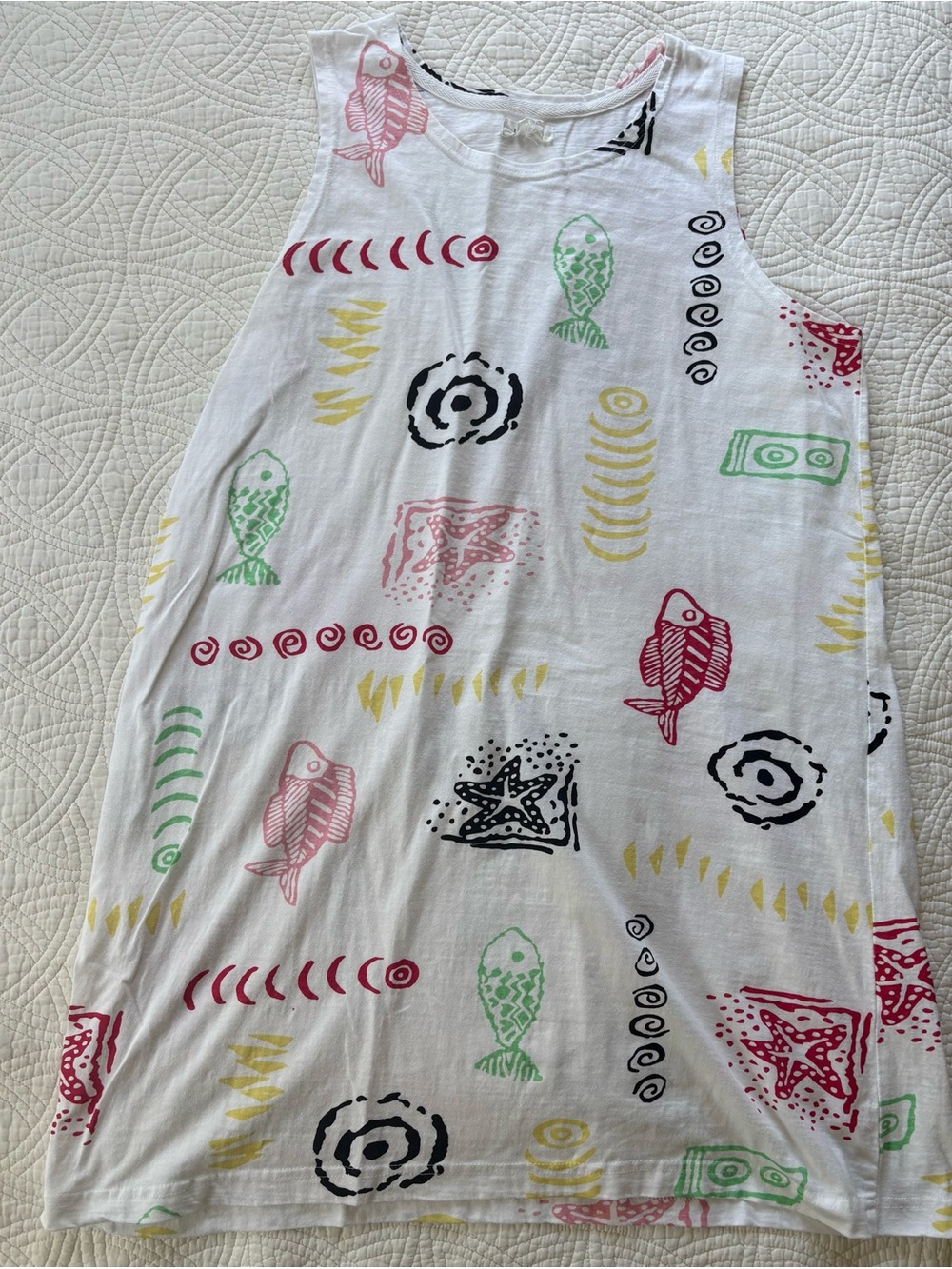 White Cotton Fish & Sea Print Swim Cover up Large